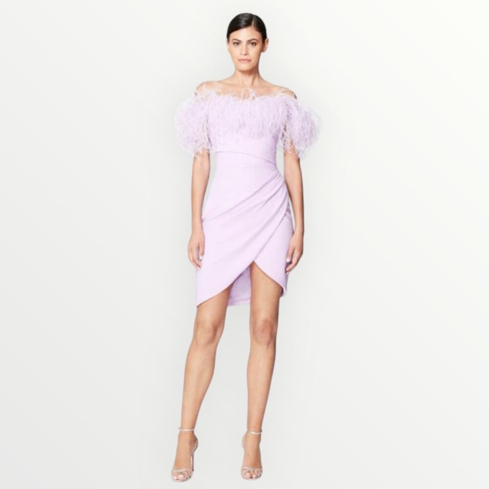 Pamella Roland Lilac Ostrich Feather Off The Shoulder Crepe Cocktail Dress
